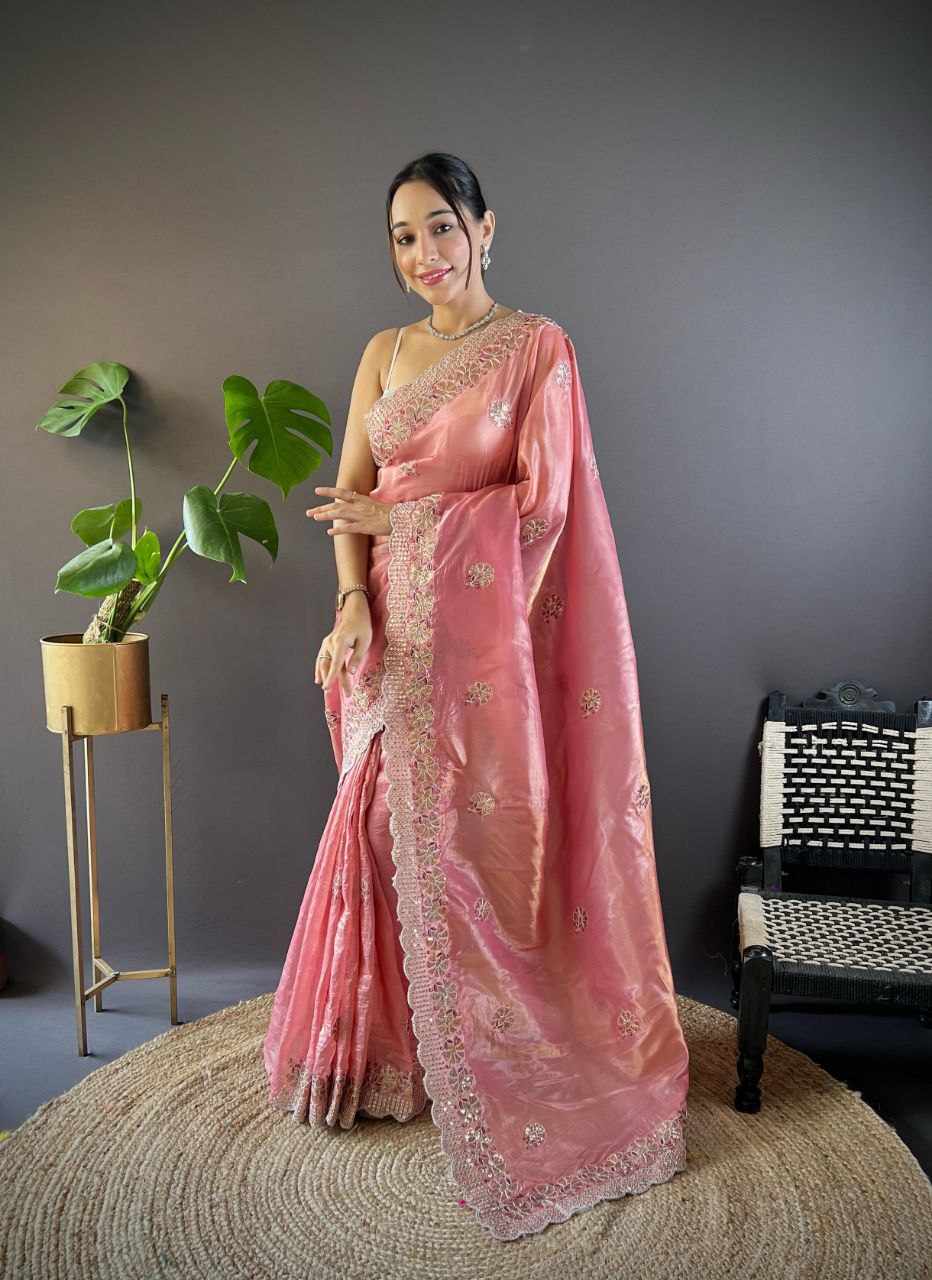 Sympy Peach Gold Crunchy Designer Saree