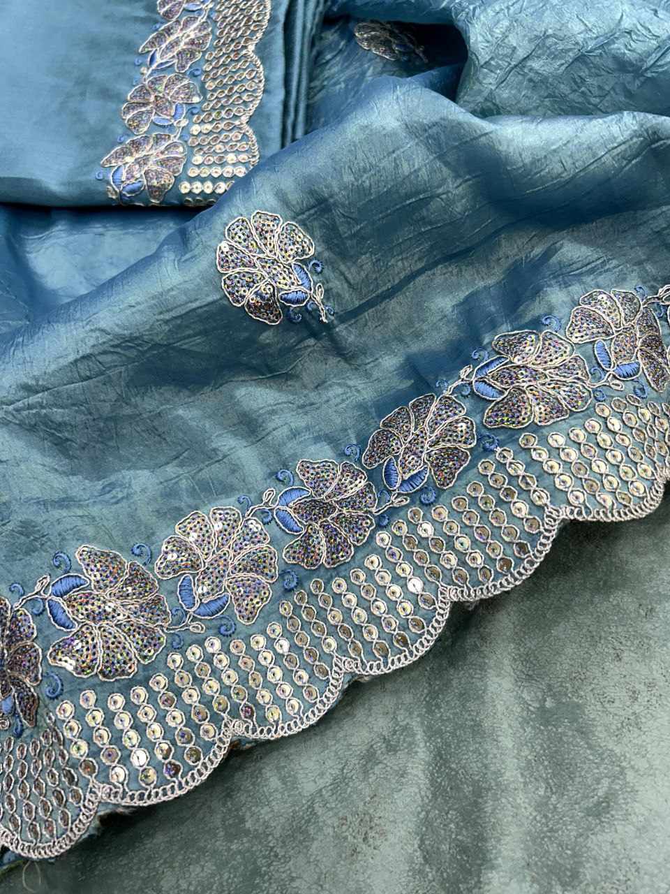 Sympy Blue Gold Crunchy Designer Saree