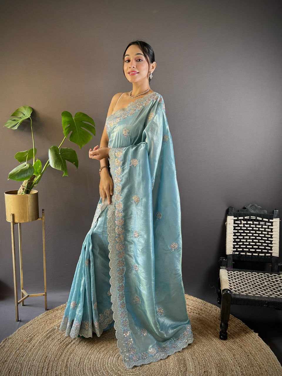 Sympy Blue Gold Crunchy Designer Saree