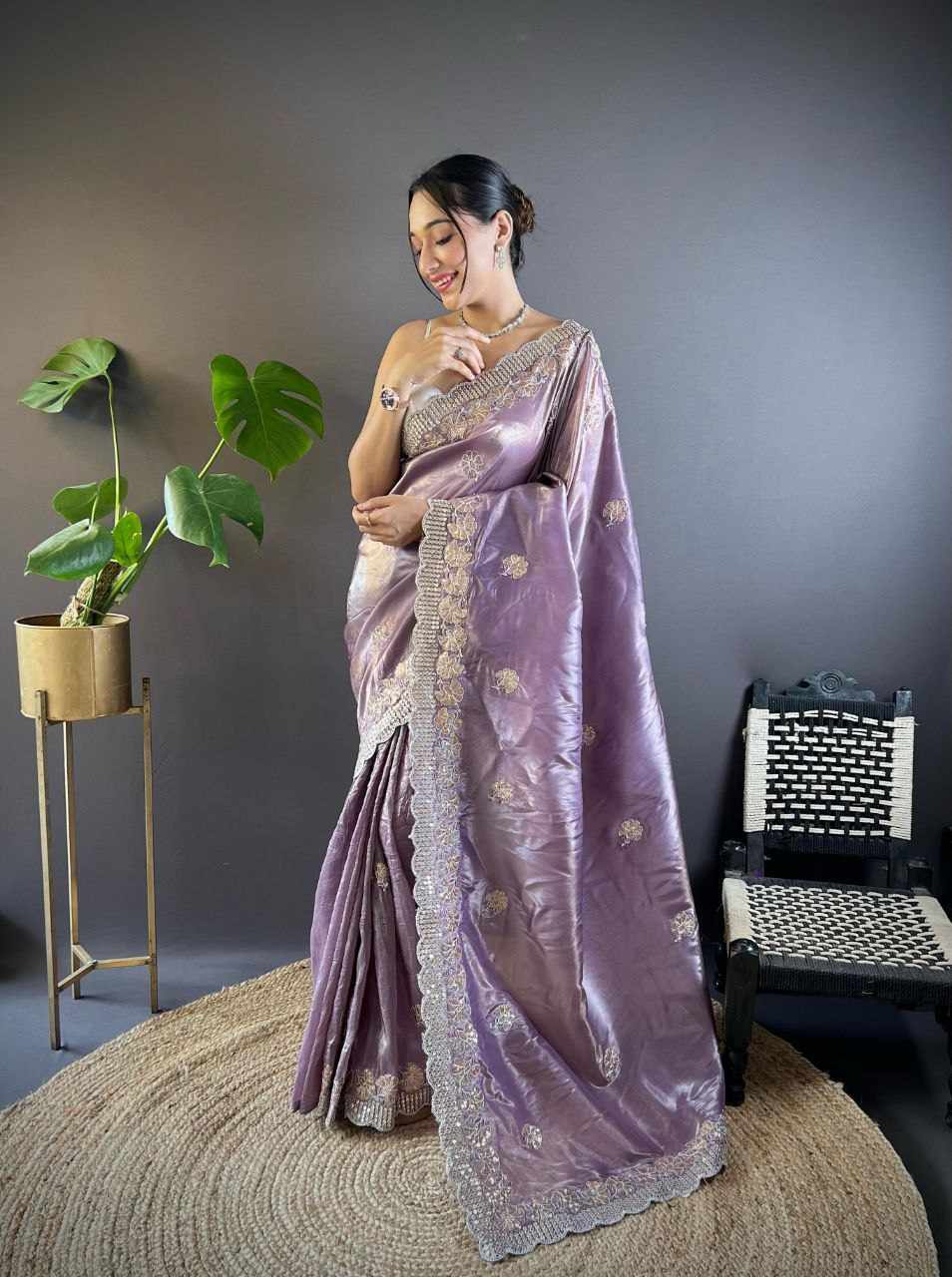 Sympy Wine Gold Crunchy Designer Saree