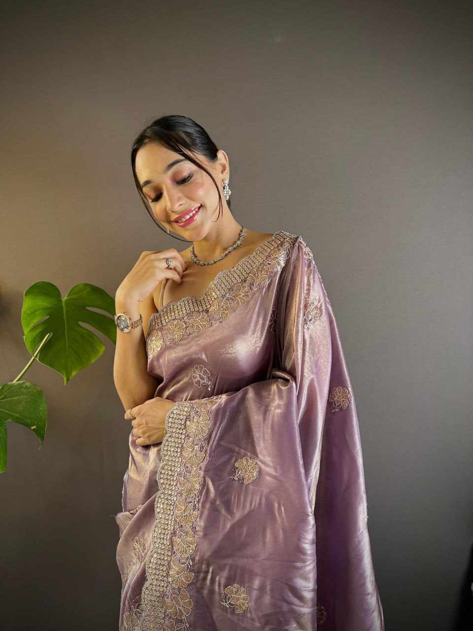 Sympy Wine Gold Crunchy Designer Saree