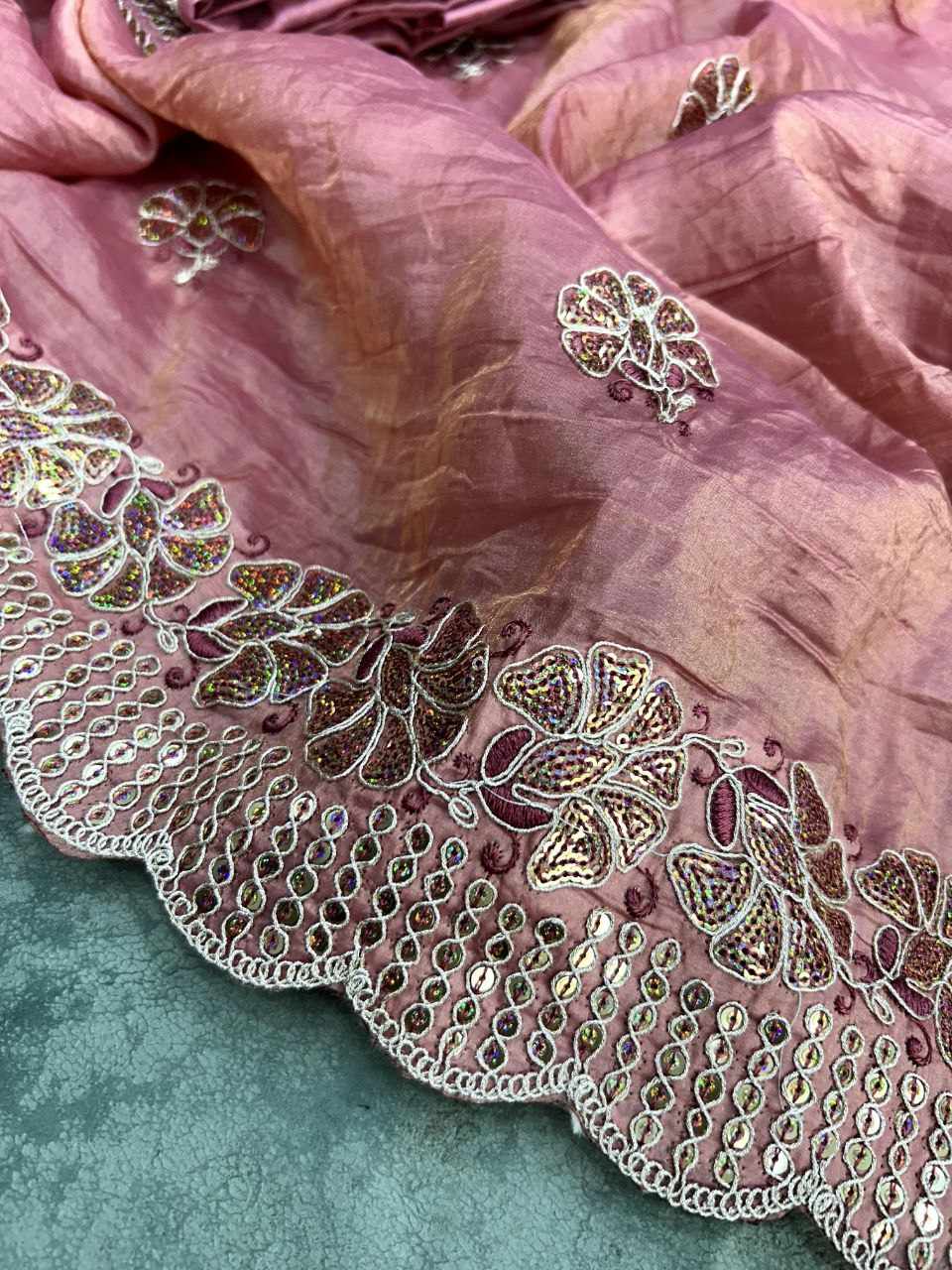 Sympy Peach Gold Crunchy Designer Saree