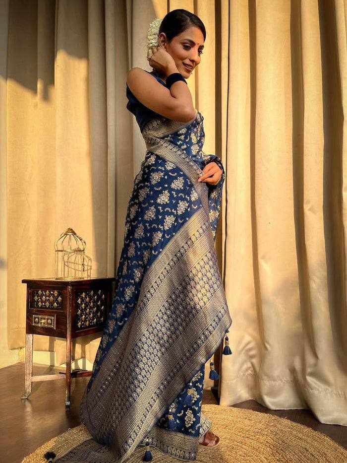 Sympy Blue Soft Lichi Silk Saree