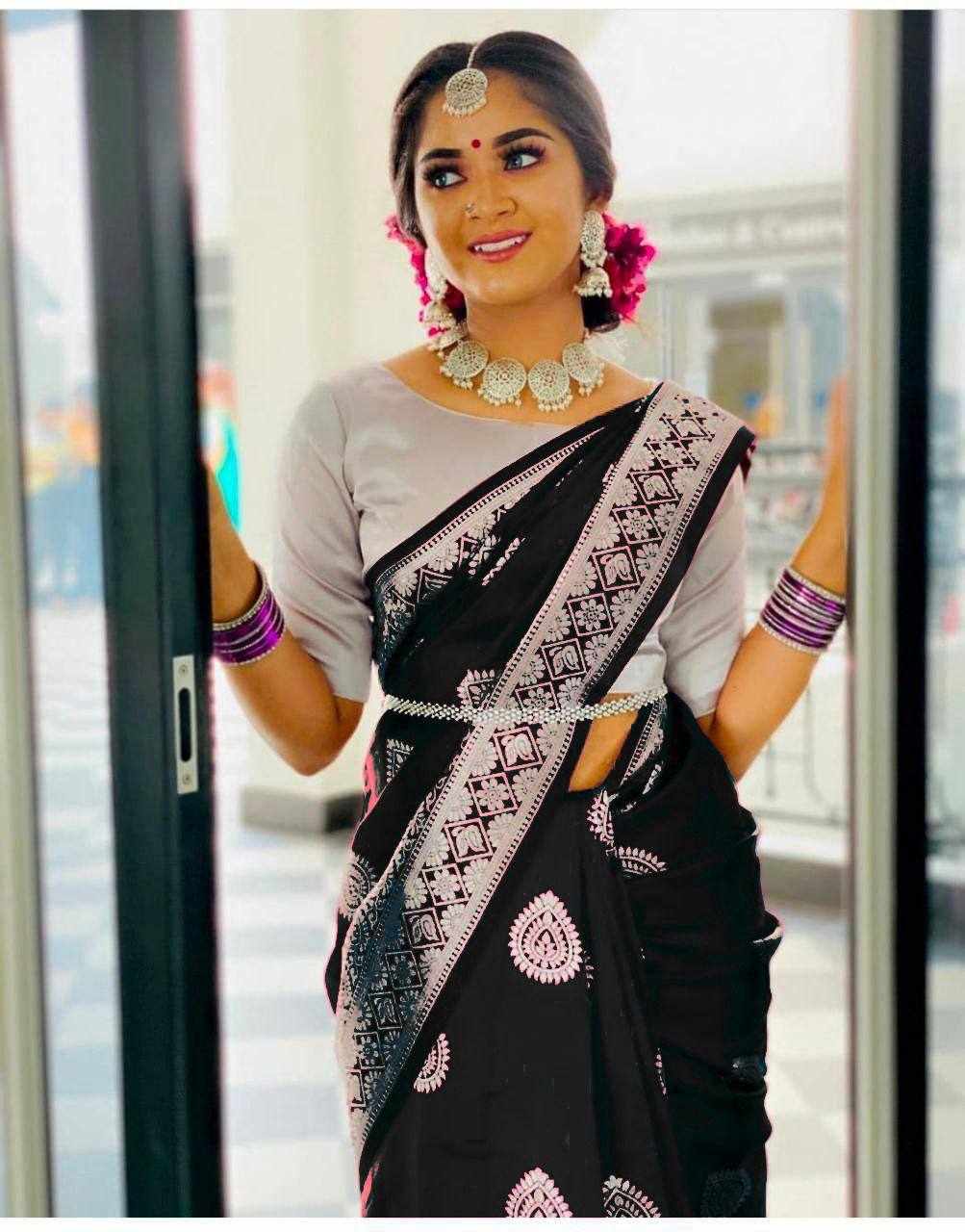 Sympy Black Soft Lichi Silk Saree