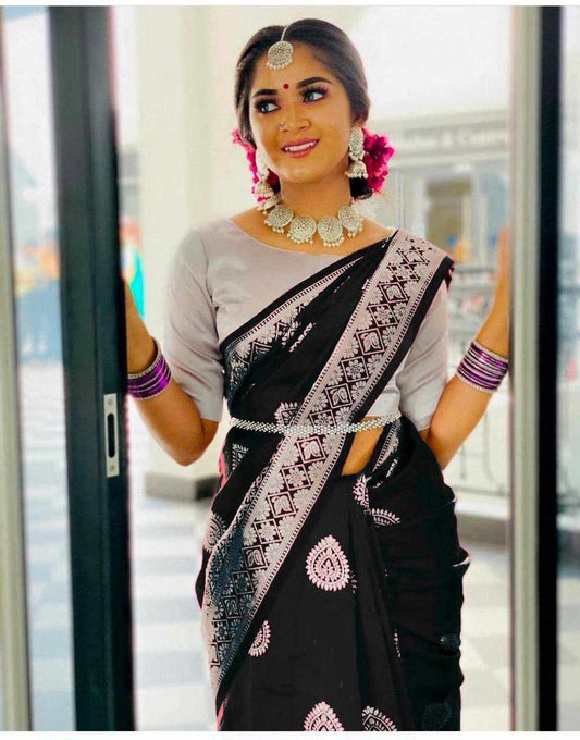 Sympy Black Soft Lichi Silk Saree
