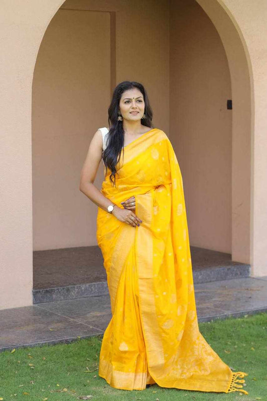 Sympy Yellow Soft Lichi Silk Saree