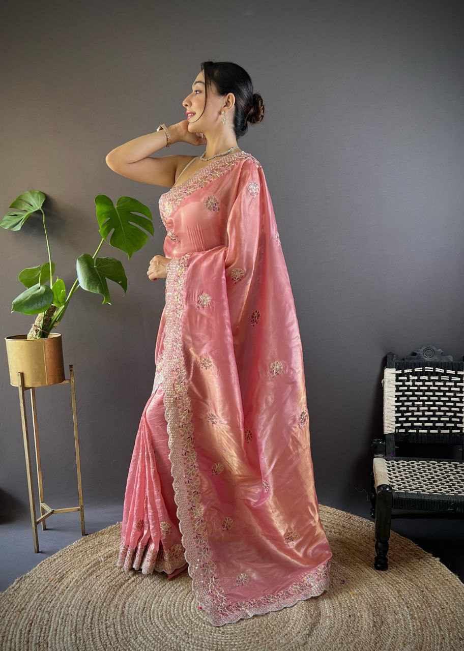Sympy Peach Gold Crunchy Designer Saree
