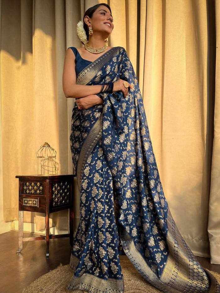 Sympy Blue Soft Lichi Silk Saree