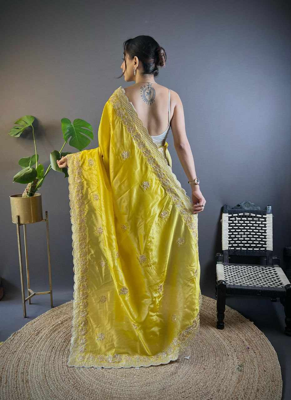 Sympy Mustard Gold Crunchy Designer Saree