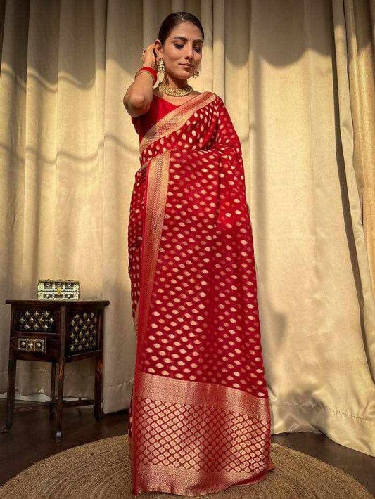 Sympy Red Soft Lichi Silk Saree
