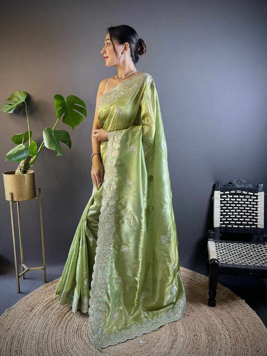 Sympy  Green Gold Crunchy Designer Saree