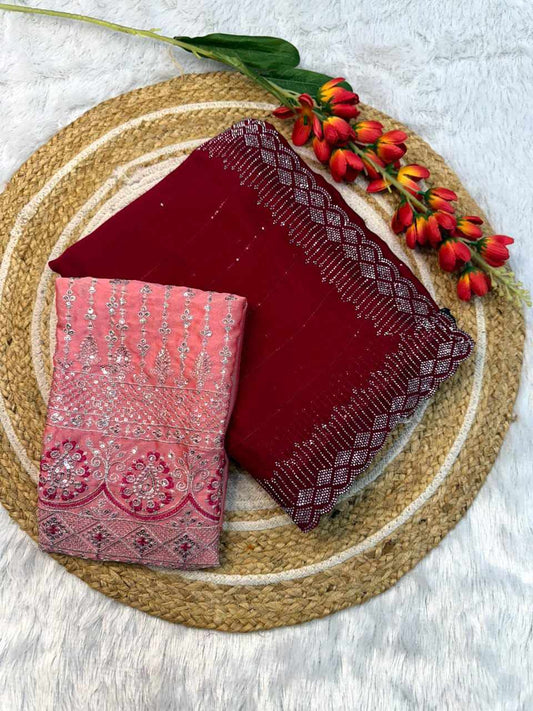 Sympy Chiffon Sequins Red Beautiful Saree