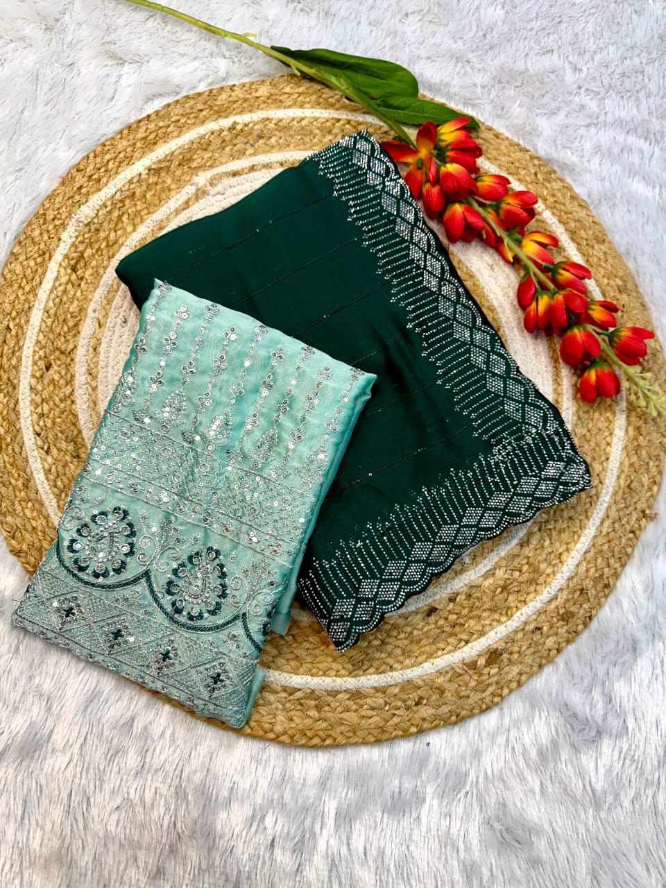 Sympy Chiffon Sequins Green Beautiful Saree