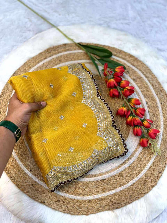Sympy Mustard Sitara Thread Embroidery Beautiful Saree