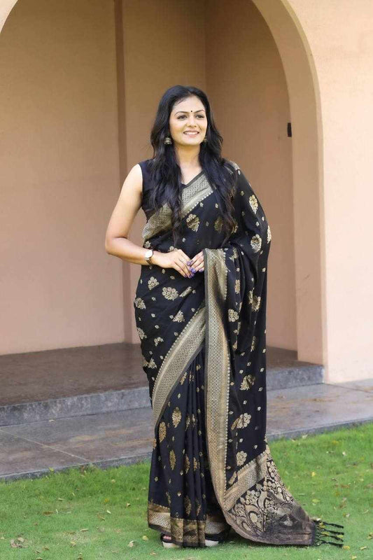 Sympy Black Soft Lichi Silk Saree