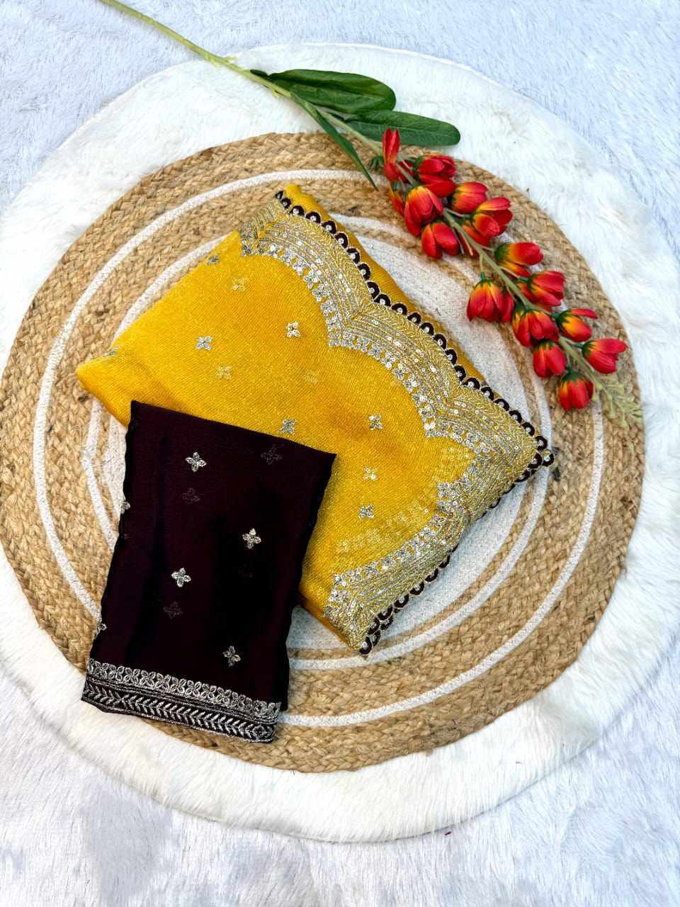 Sympy Mustard Sitara Thread Embroidery Beautiful Saree