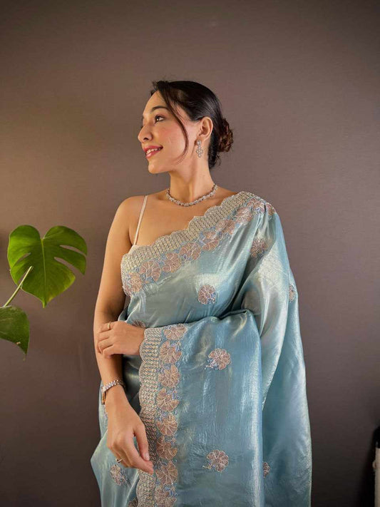 Sympy  Blue Gold Crunchy Designer Saree